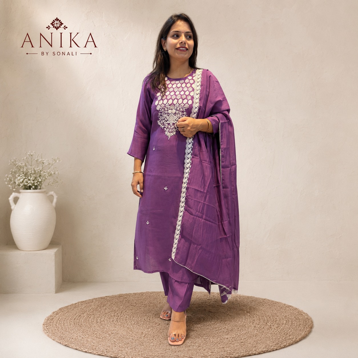 Mal Chanderi Kurta Set with Moti and sequin work
