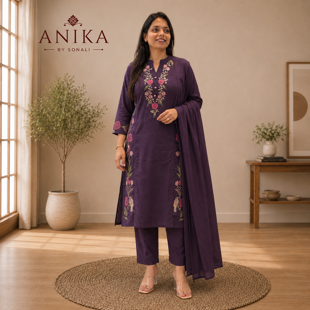 Pure Cotton Floral Embroidered Kurta Set