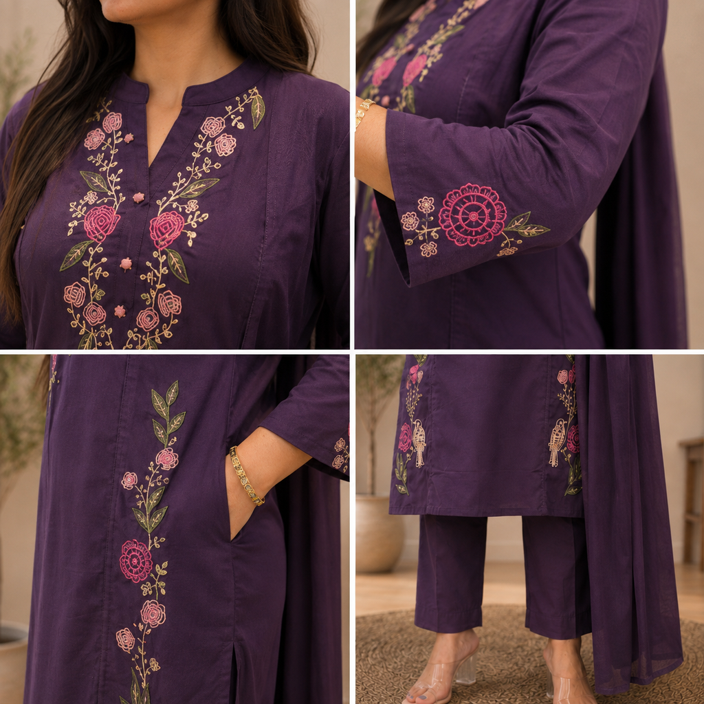 Pure Cotton Floral Embroidered Kurta Set