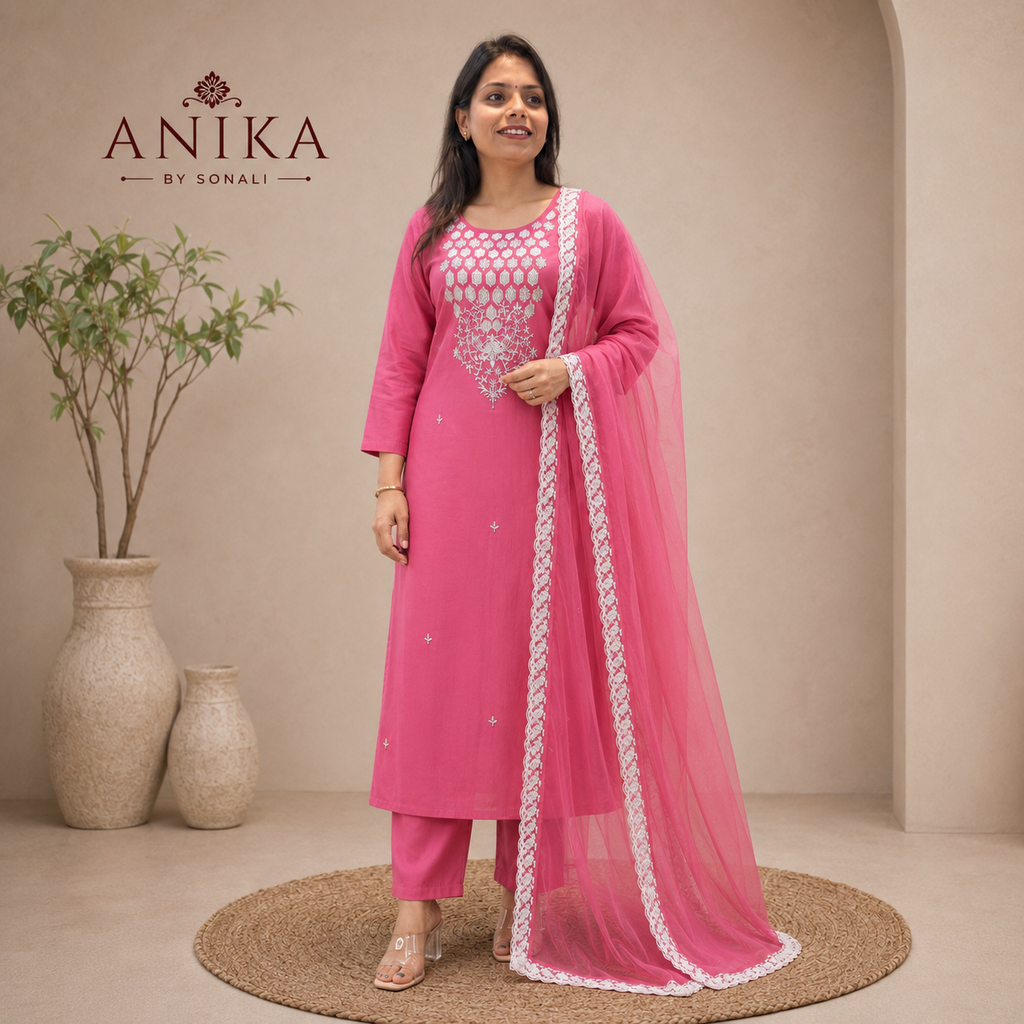 Mal Chanderi Kurta Set with Moti and sequin work