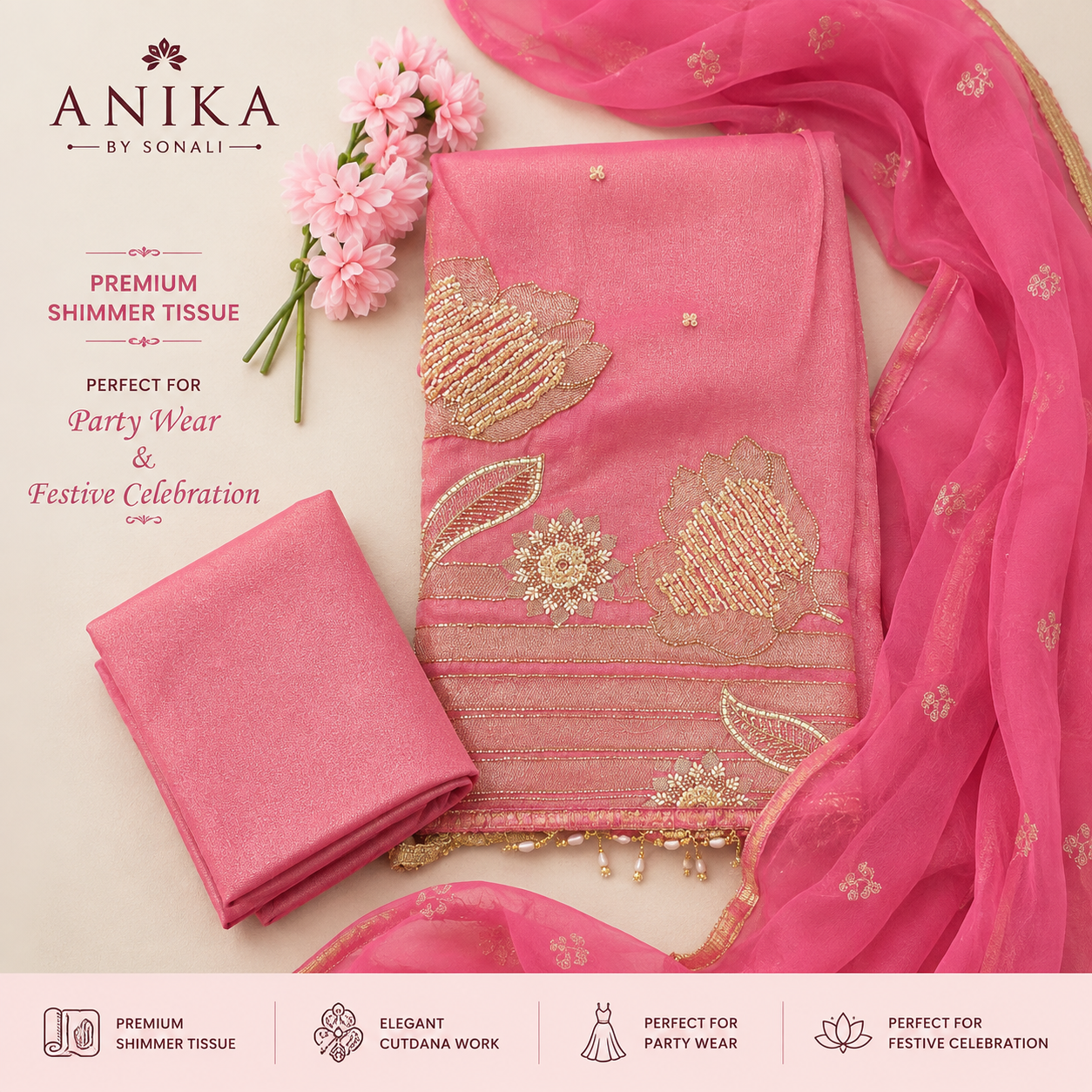Premium Shimmer Tissue Kurta Set with Cut Dana Work