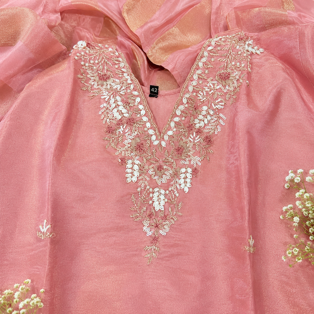 Pure Tissue Handwork Kurta Set with Palazzo & Dupatta