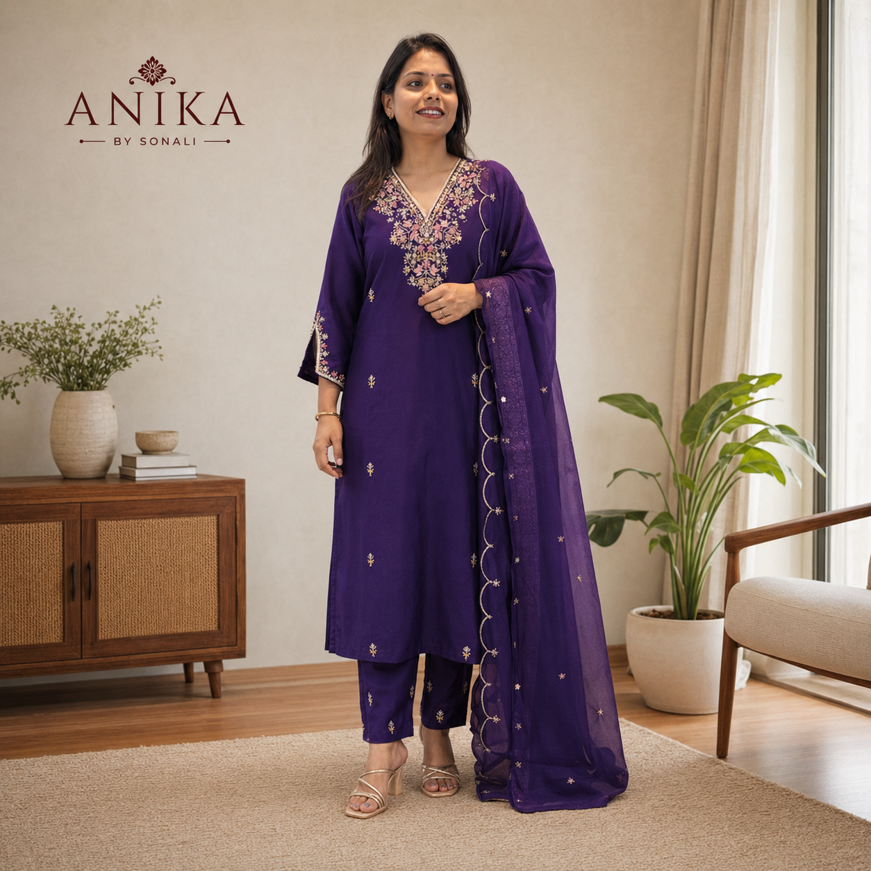 Purple Dola Silk Kurta Set With Handwork