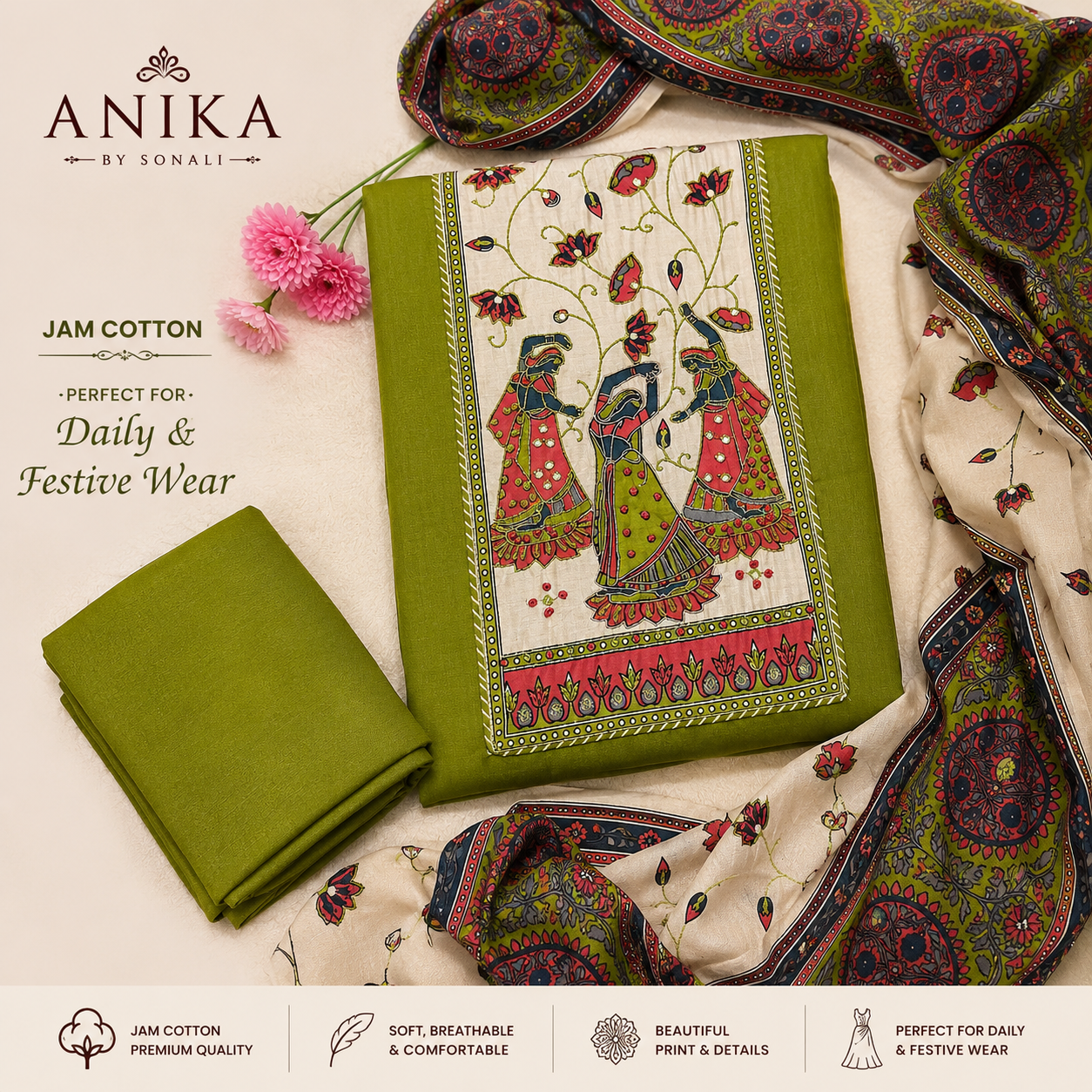 Jam Cotton Kurta Set with Thread Work and kalamkari dupatta