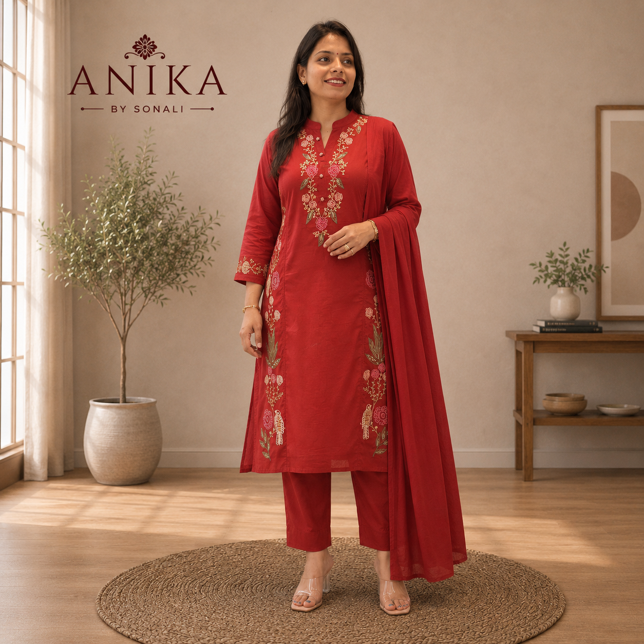 Pure Cotton Floral Embroidered Kurta Set