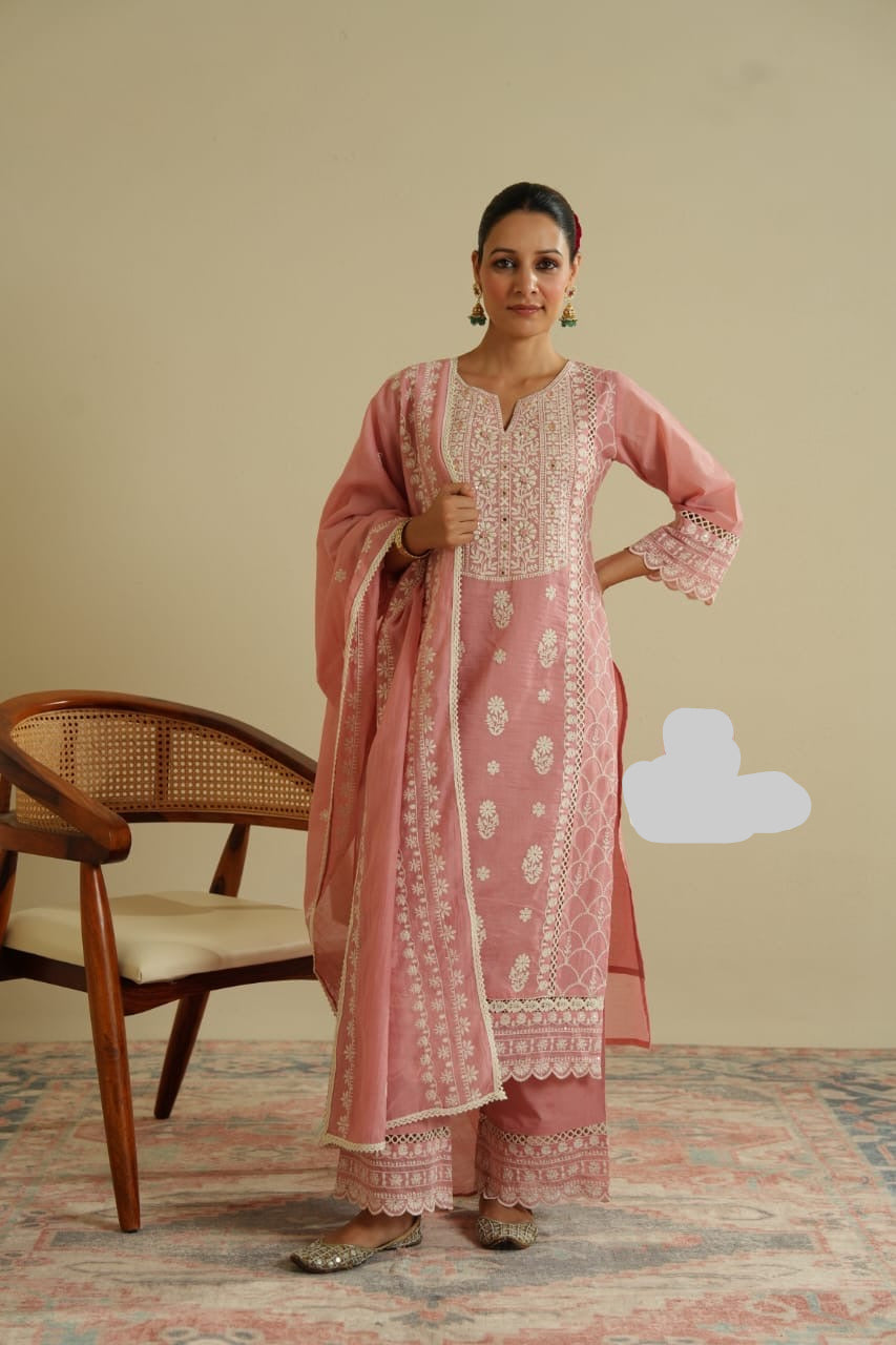 Luxurious Chanderi Fabric Chikankari kurta Set