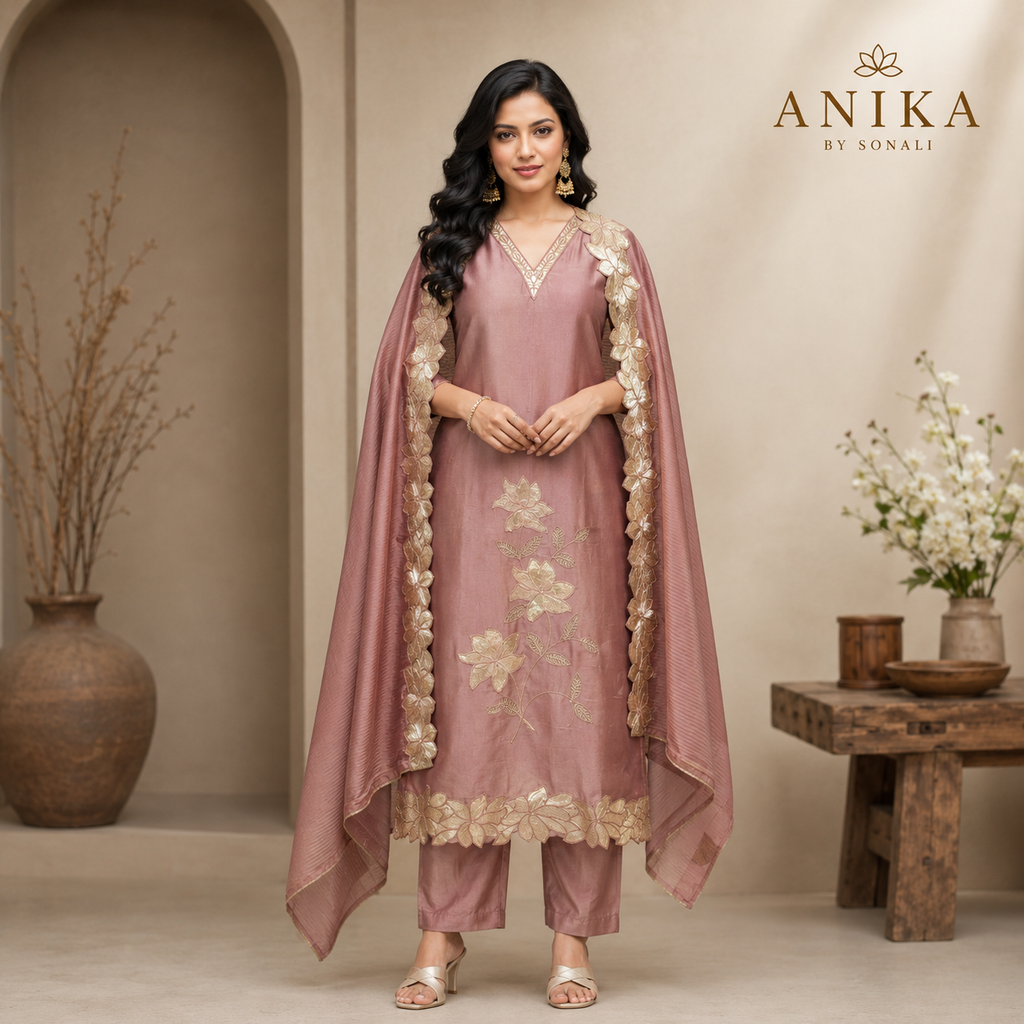 Onion Pink leather Applique Work Kurta Set