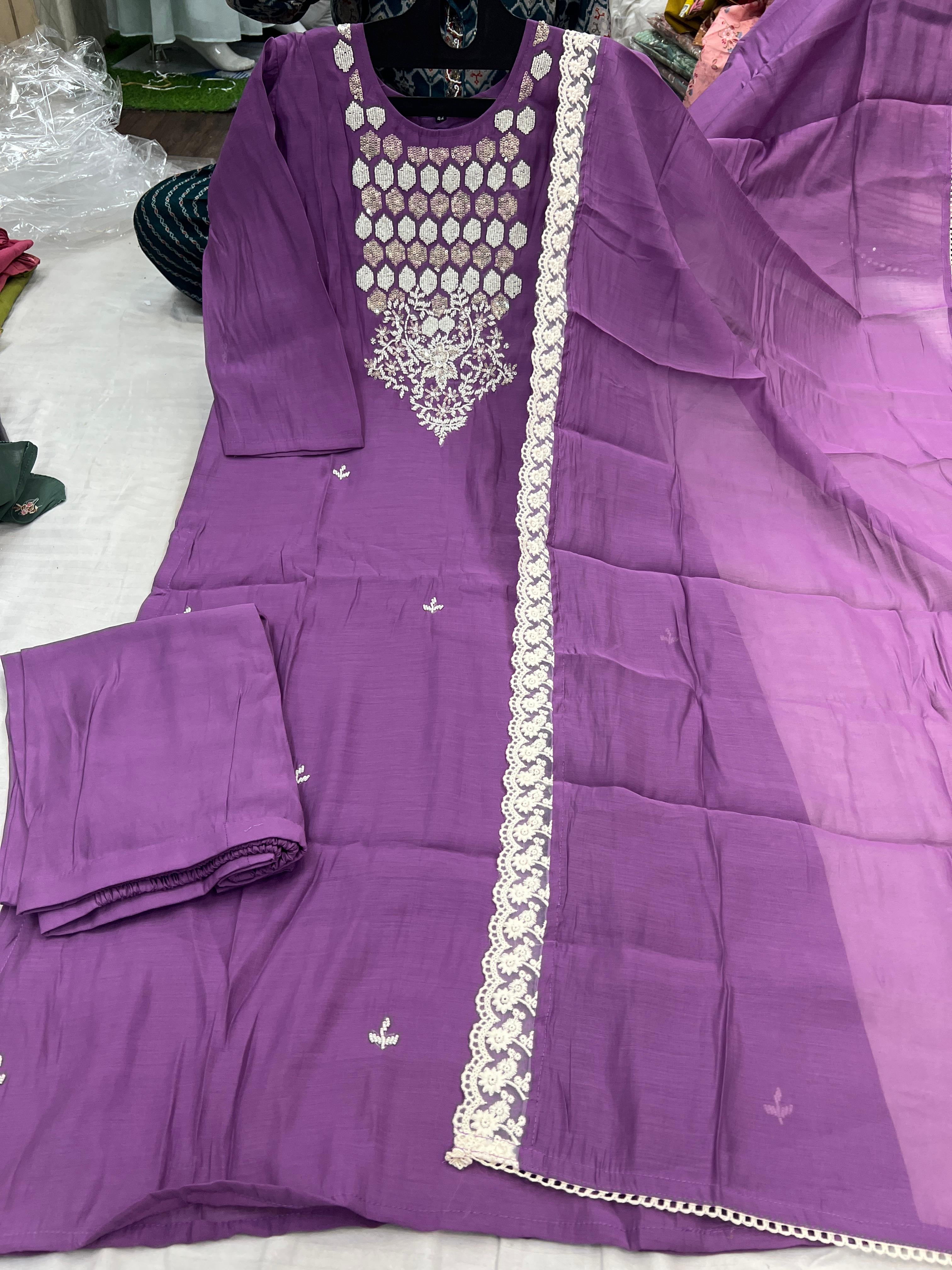 Mal Chanderi Kurta Set with Moti and sequin work