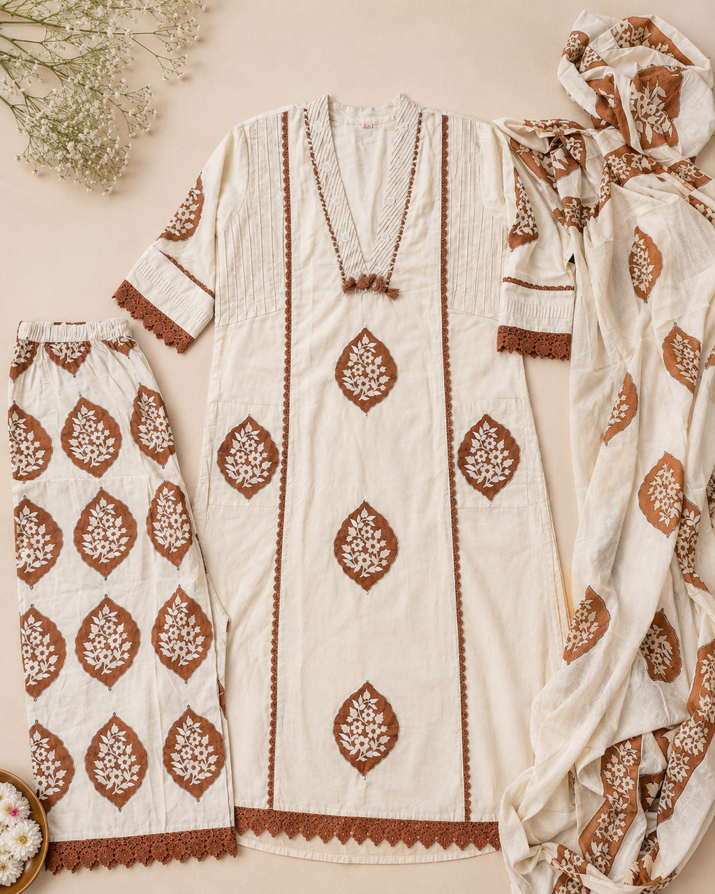 Mal Cotton Kurta Set With Lace Work And Elegant Print