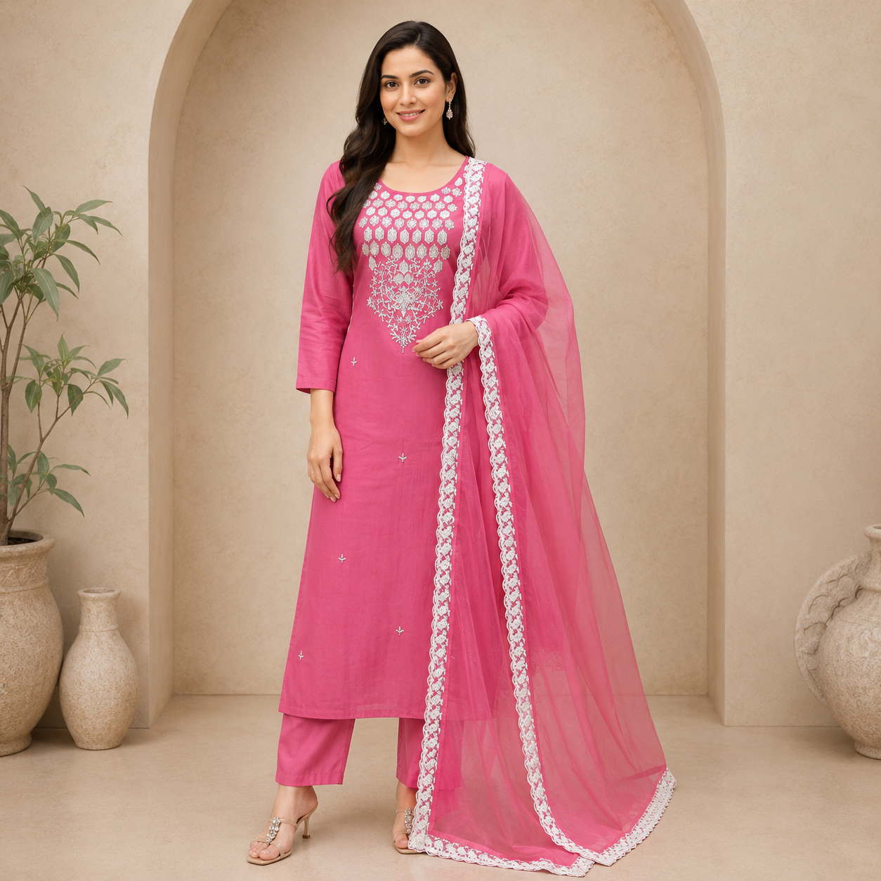 Mal Chanderi Kurta Set with Moti and sequin work