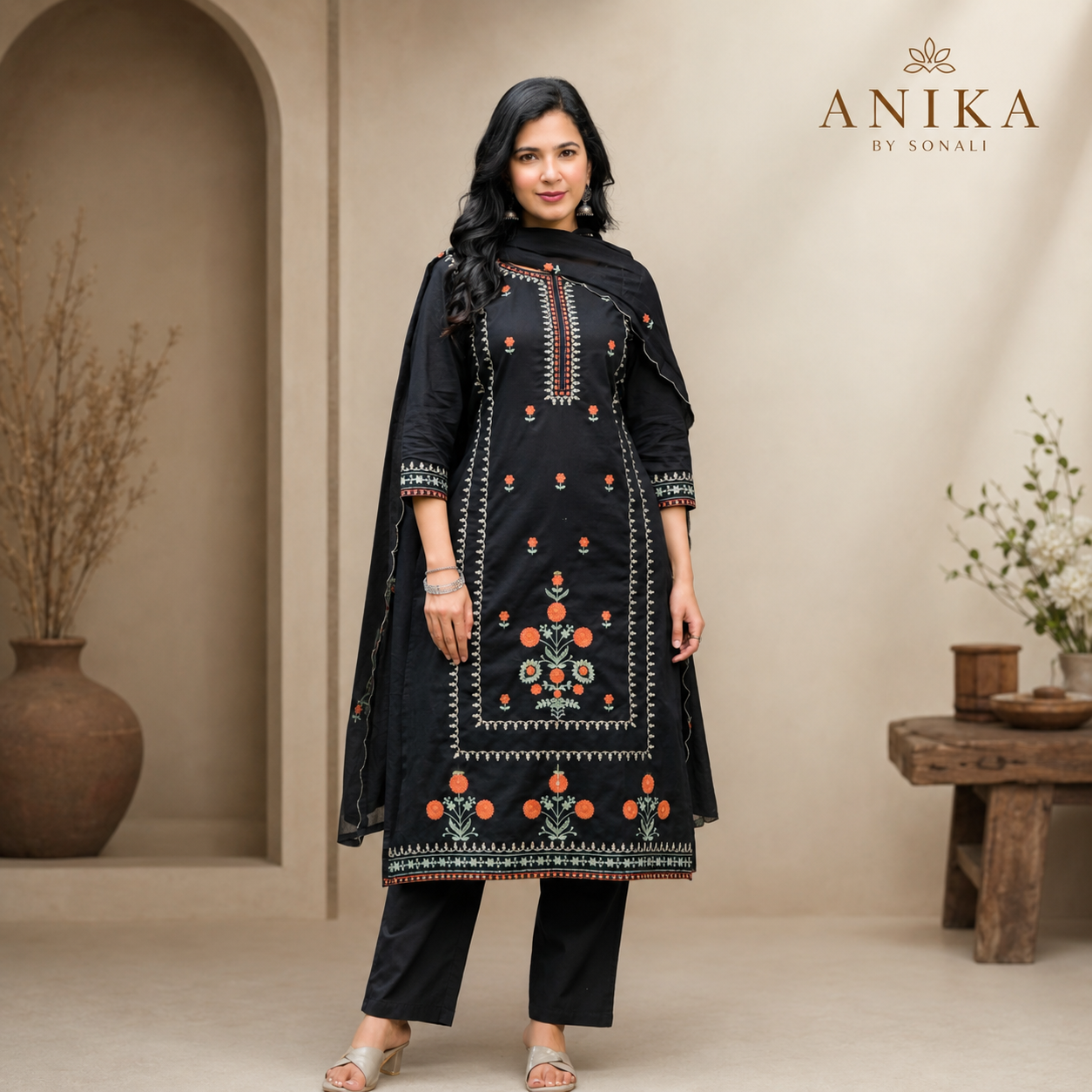 Peach Floral Straight Kurta Set