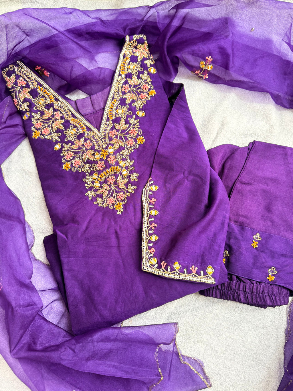 Purple Dola Silk Kurta Set With Handwork