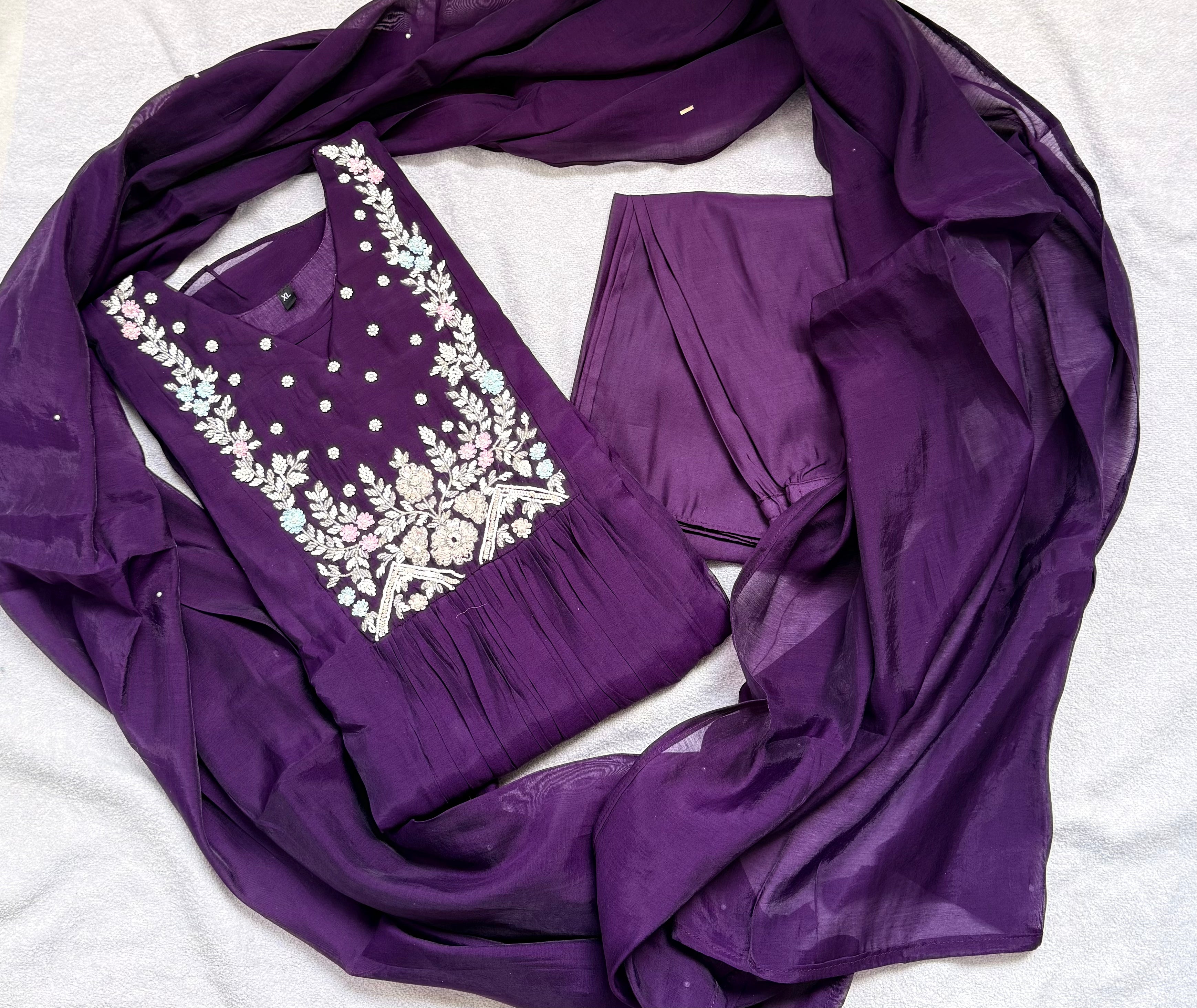 Mal Chanderi With handwork Frock Style  Kurta Set