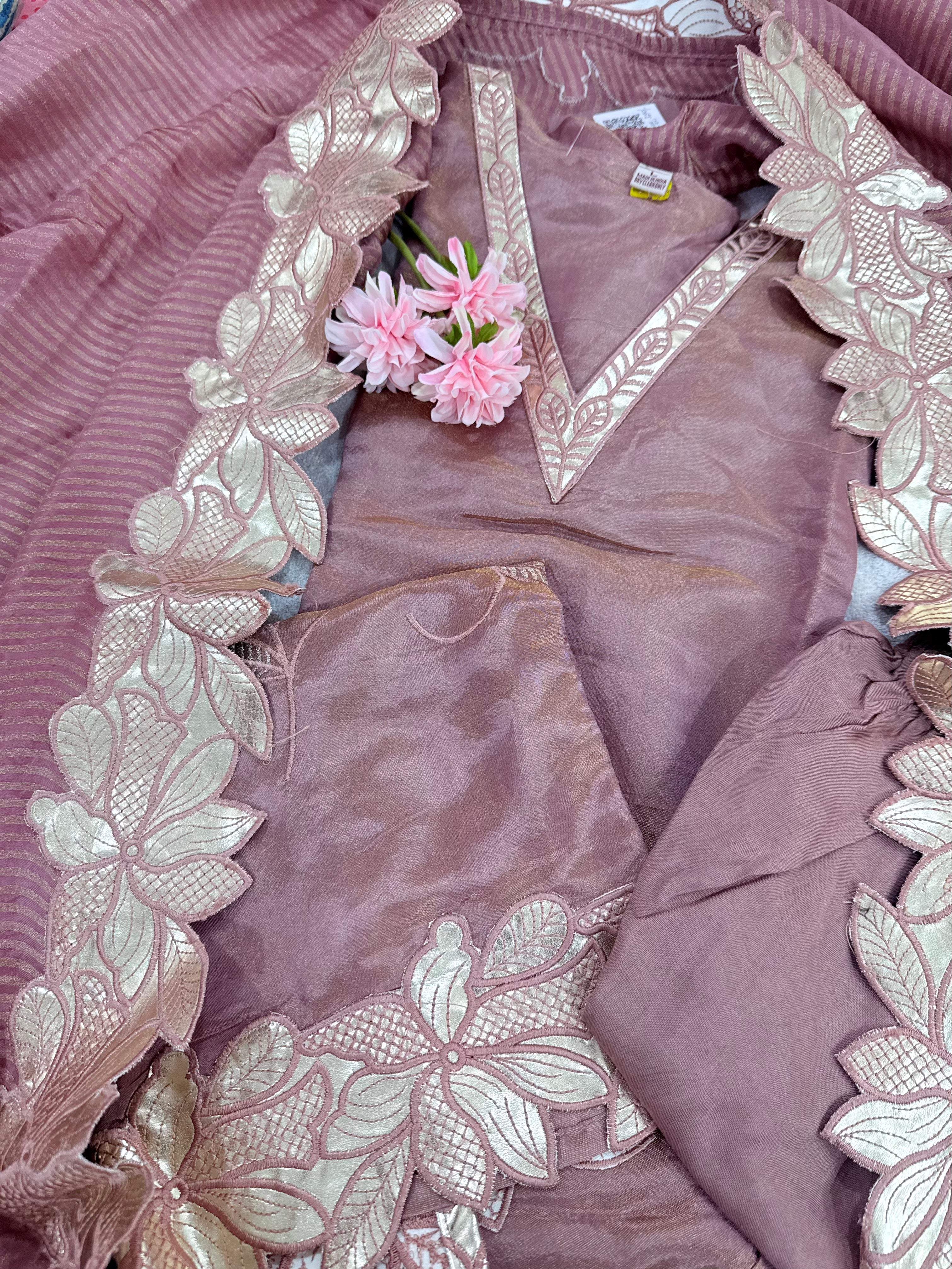 Onion Pink leather Applique Work Kurta Set