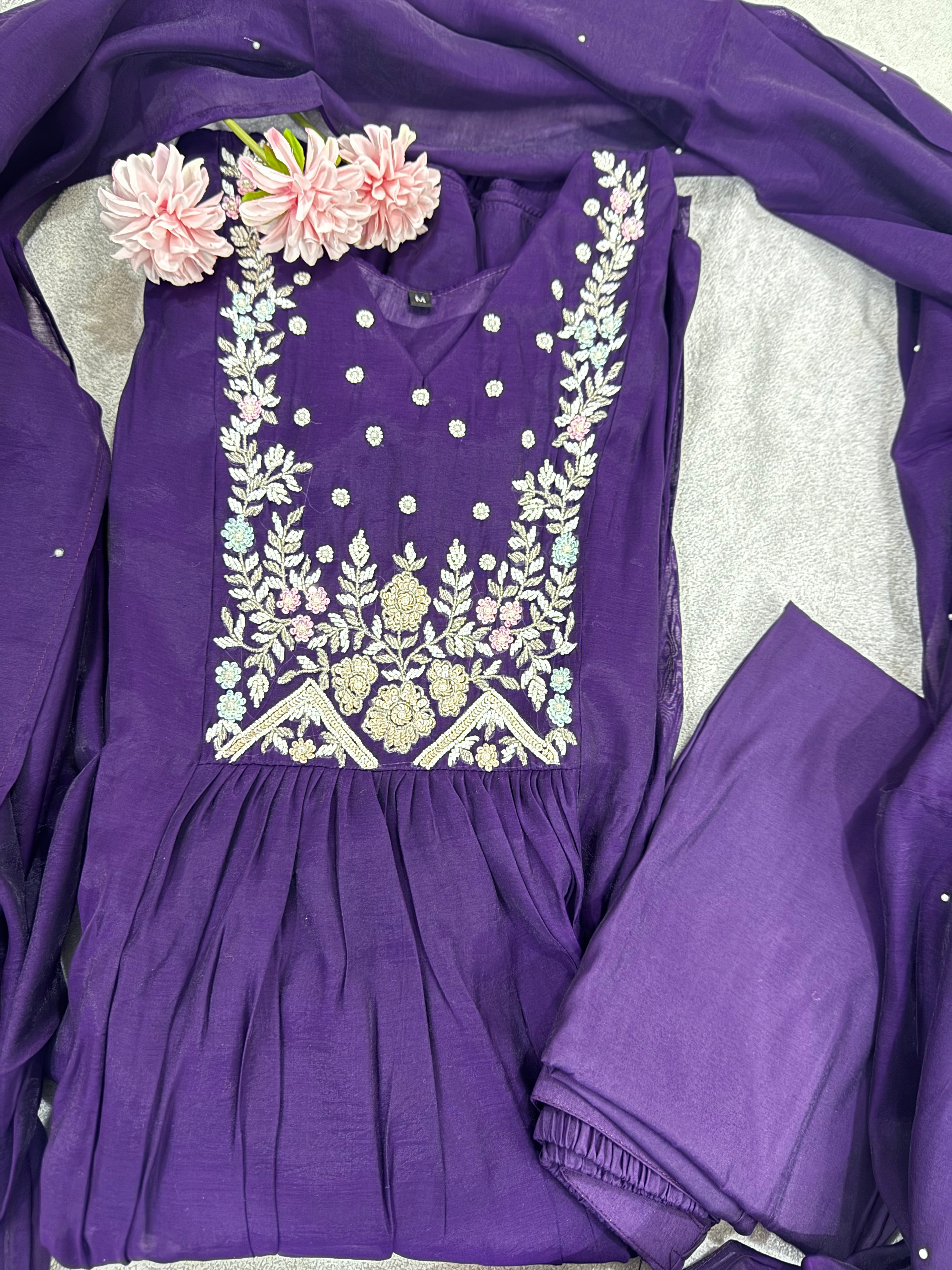 Mal Chanderi With handwork Frock Style  Kurta Set